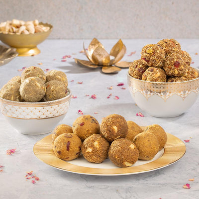 Assorted Guilt-Free Laddoo - Besan Pistachio, Coconut Cashew, Moongdal Cranberry (250g)