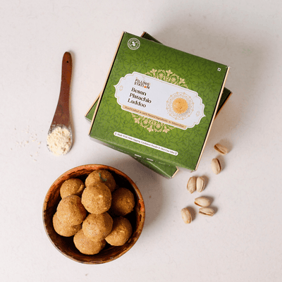 Besan Pistachio Laddoo with Palm Jaggery