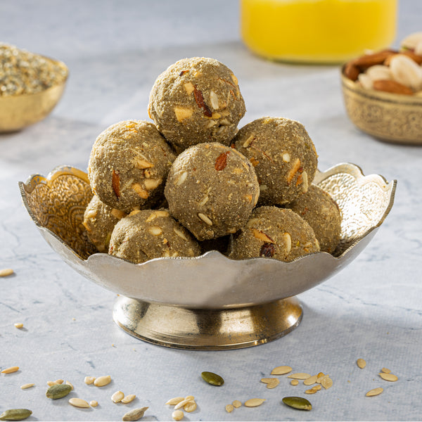 Ganapati Gift Hamper - Healthy Heart Laddoo + Natural Immunizer laddoo + Fireup Laddoo + Gond Laddoo + Panjiri Laddoo (500 GM)