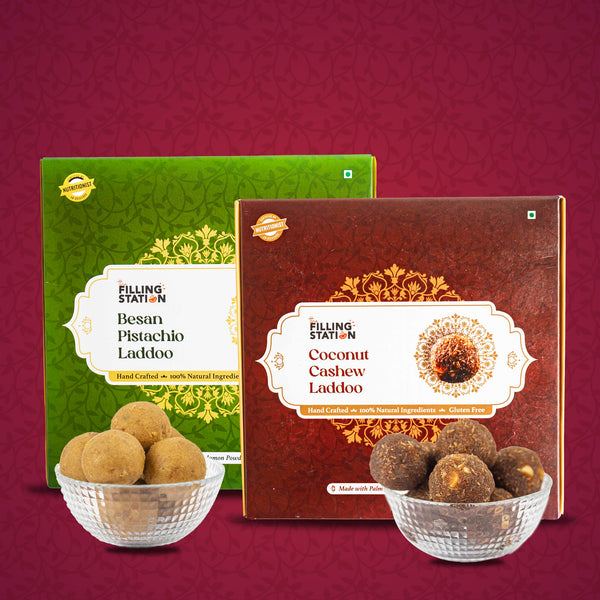 Guilt Free Laddoo Combo Pack of 2 - Besan Pistachio Laddoo (250 Gm) + Coconut cashew Laddoo (250 Gm)