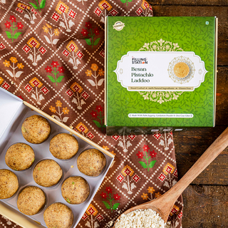 Besan Pistachio Pure Desi Ghee Laddoo Sweetened with Palm Jaggery