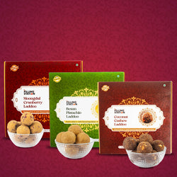Guilt Free Happiness Box Combo - Besan Pistachio Laddoo (250 Gms) + Moongdal Cranberry Laddoo (250 Gms) + Coconut Cashew Laddoo (250 Gms)